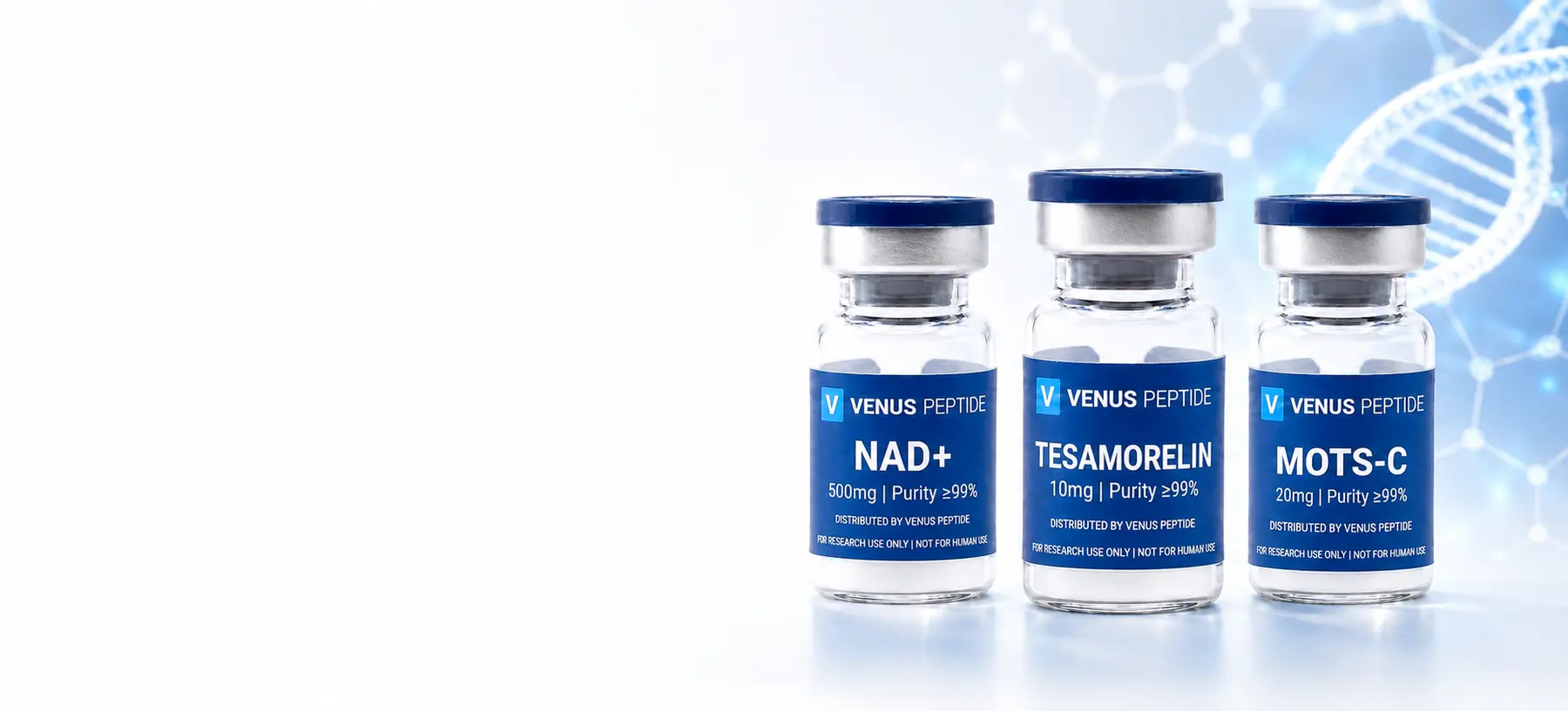 Viales Venus Peptide: NAD+, Tesamorelin y MOTS-C